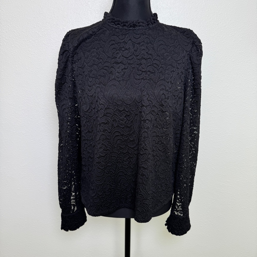 Treasure & Bond Black Lace Mock Neck‎ Ruffle Trim Top M